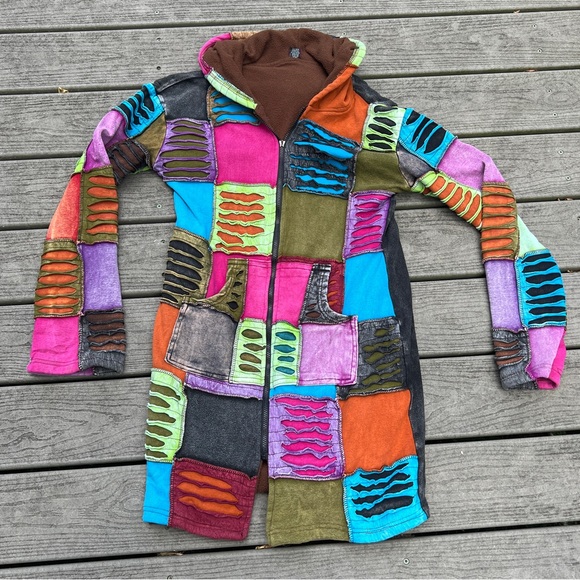 Vintage KPC Hooded Jacket Long Size XL Patchwork Jacket Boho Hippie - Picture 3 of 13